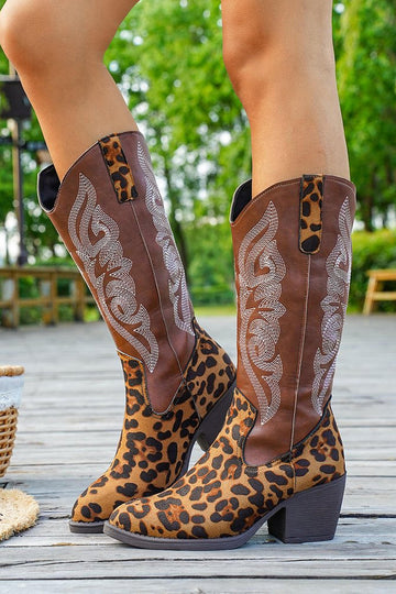 Bottes de cow-girl brodées à talon large léopard marron